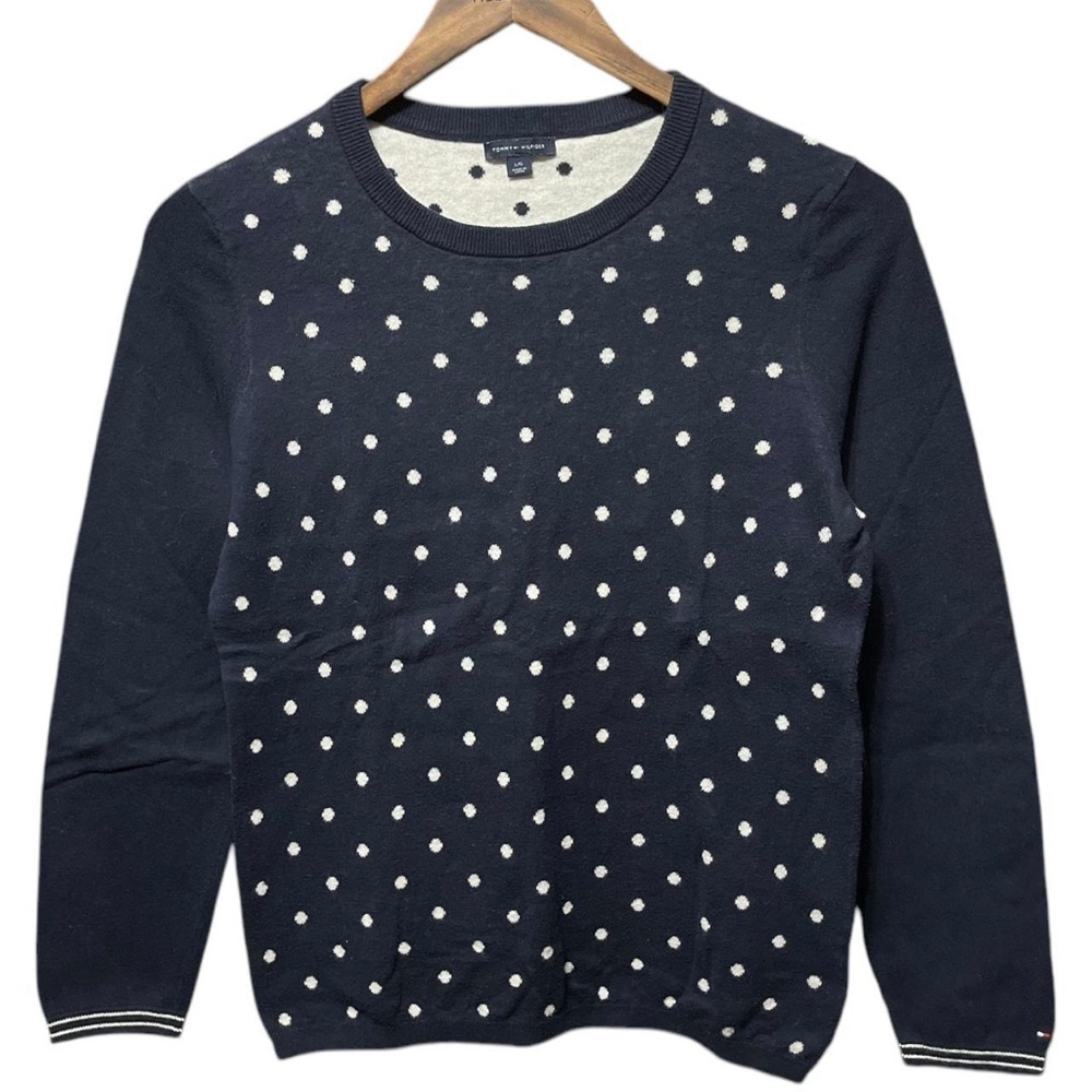 navy blue white Tommy Hilfiger thin long sleeve crewneck casual polkadot sweater